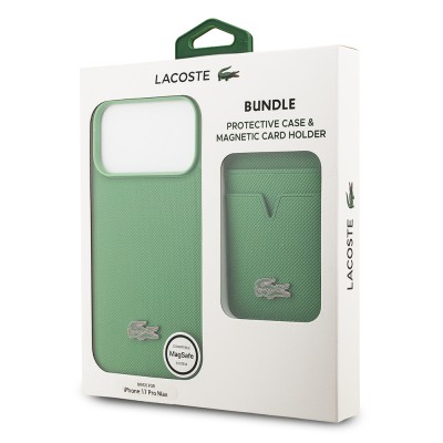Apple iPhone 17 Pro Max Case Lacoste Original Licensed M-Safe Charging Feature PU Pique Pattern Metal Logo Card Holder Cover - 43