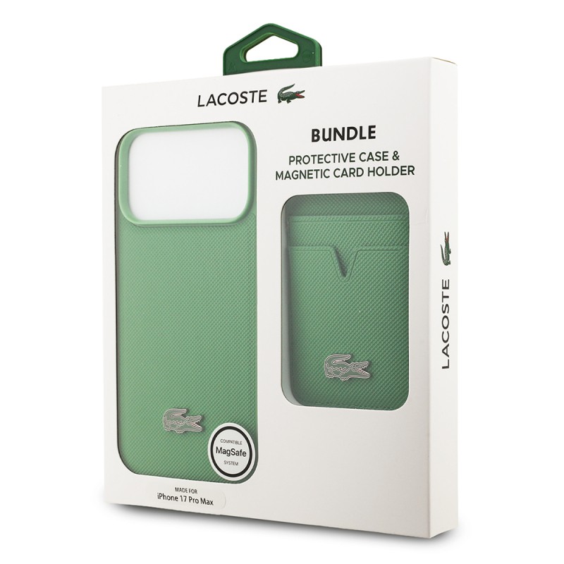 Apple iPhone 17 Pro Max Case Lacoste Original Licensed M-Safe Charging Feature PU Pique Pattern Metal Logo Card Holder Cover - 43