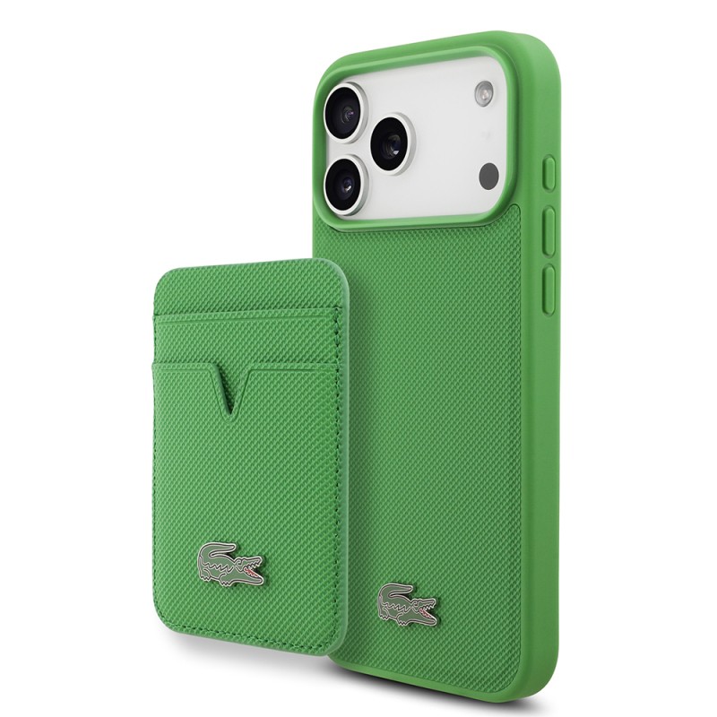Apple iPhone 17 Pro Max Case Lacoste Original Licensed M-Safe Charging Feature PU Pique Pattern Metal Logo Card Holder Cover - 3