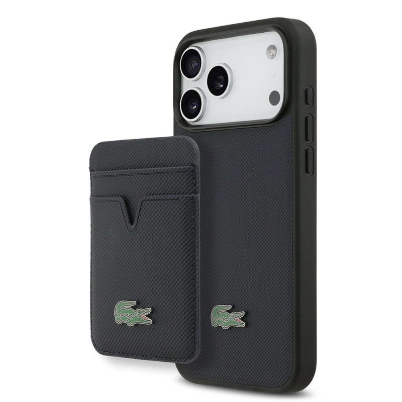 Apple iPhone 17 Pro Max Case Lacoste Original Licensed M-Safe Charging Feature PU Pique Pattern Metal Logo Card Holder Cover - 4