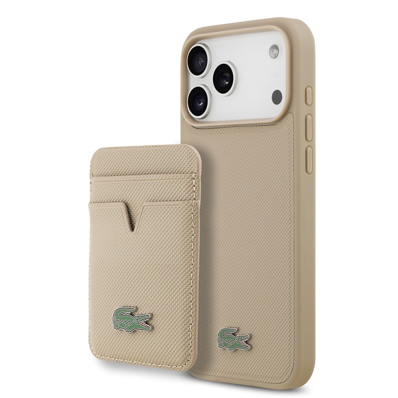 Apple iPhone 17 Pro Max Case Lacoste Original Licensed M-Safe Charging Feature PU Pique Pattern Metal Logo Card Holder Cover - 5