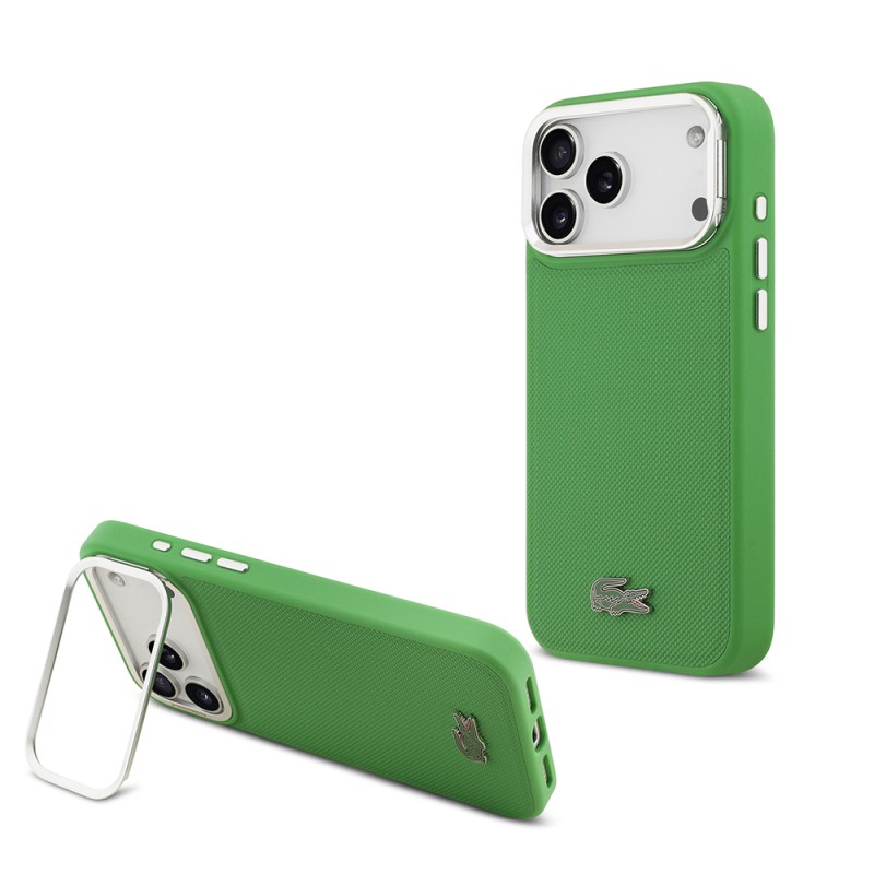Apple iPhone 17 Pro Max Case Lacoste Original Licensed M-safe Charging Feature PU Pique Pattern Stand Metal Logo Cover - 3