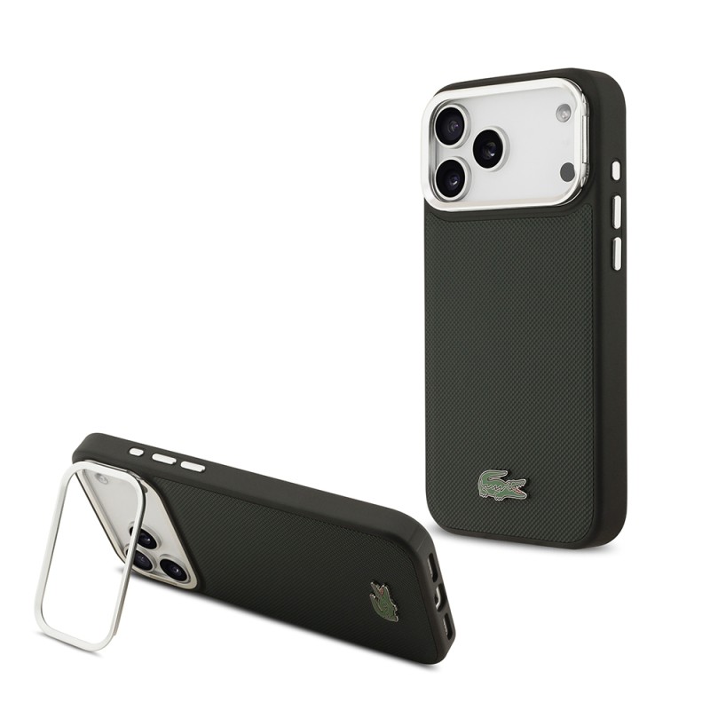 Apple iPhone 17 Pro Max Case Lacoste Original Licensed M-safe Charging Feature PU Pique Pattern Stand Metal Logo Cover - 4