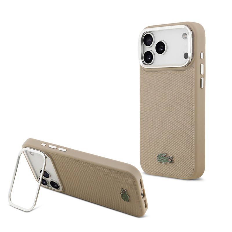 Apple iPhone 17 Pro Max Case Lacoste Original Licensed M-safe Charging Feature PU Pique Pattern Stand Metal Logo Cover - 5
