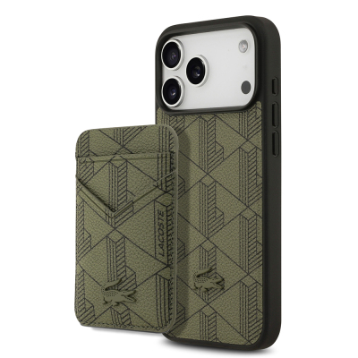 Apple iPhone 17 Pro Max Case Lacoste Original Licensed M-Safe Charging Function PU Leather Design Card Holder Mixed Monogram Pattern Cover - Lacoste