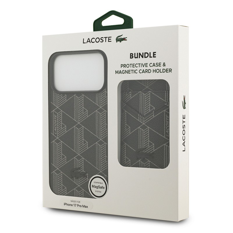 Apple iPhone 17 Pro Max Case Lacoste Original Licensed M-Safe Charging Function PU Leather Design Card Holder Mixed Monogram Pattern Cover - 24