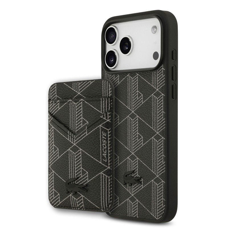 Apple iPhone 17 Pro Max Case Lacoste Original Licensed M-Safe Charging Function PU Leather Design Card Holder Mixed Monogram Pattern Cover - 3
