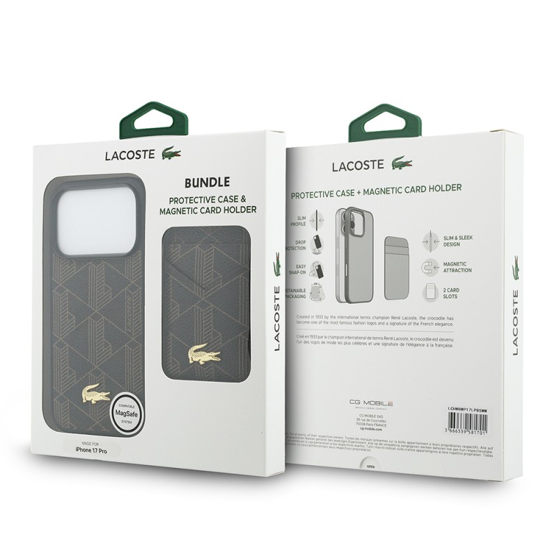 Apple iPhone 17 Pro Max Case Lacoste Original Licensed M-Safe Charging Function PU Leather Design Card Holder Mixed Monogram Pattern Cover - 33