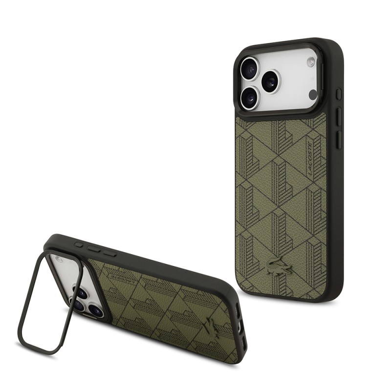 Apple iPhone 17 Pro Max Case Lacoste Original Licensed M-safe Charging Stand PU Leather Mixed Monogram Pattern Cover - 1