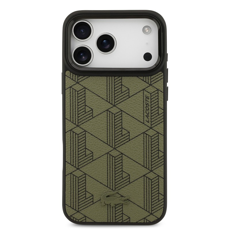 Apple iPhone 17 Pro Max Case Lacoste Original Licensed M-safe Charging Stand PU Leather Mixed Monogram Pattern Cover - 5