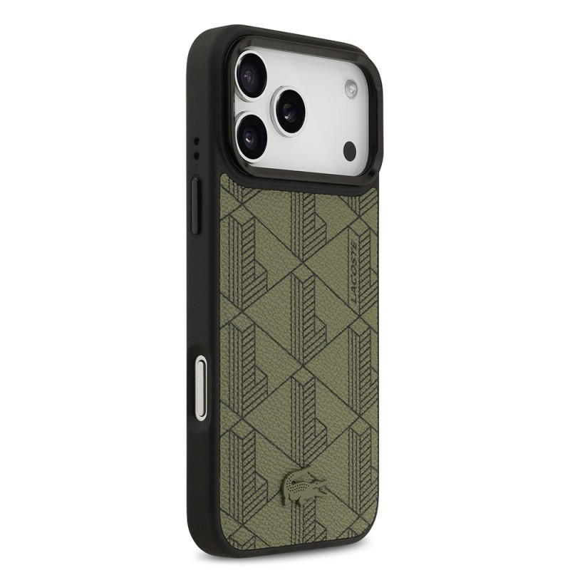 Apple iPhone 17 Pro Max Case Lacoste Original Licensed M-safe Charging Stand PU Leather Mixed Monogram Pattern Cover - 6