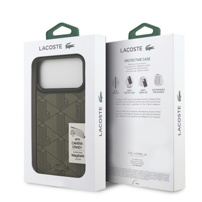 Apple iPhone 17 Pro Max Case Lacoste Original Licensed M-safe Charging Stand PU Leather Mixed Monogram Pattern Cover - 10