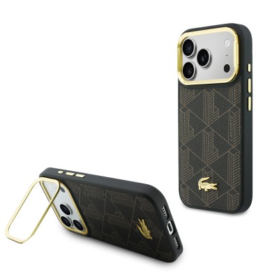 Apple iPhone 17 Pro Max Case Lacoste Original Licensed M-safe Charging Stand PU Leather Mixed Monogram Pattern Cover - 3