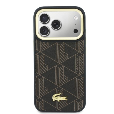 Apple iPhone 17 Pro Max Case Lacoste Original Licensed M-safe Charging Stand PU Leather Mixed Monogram Pattern Cover - 12