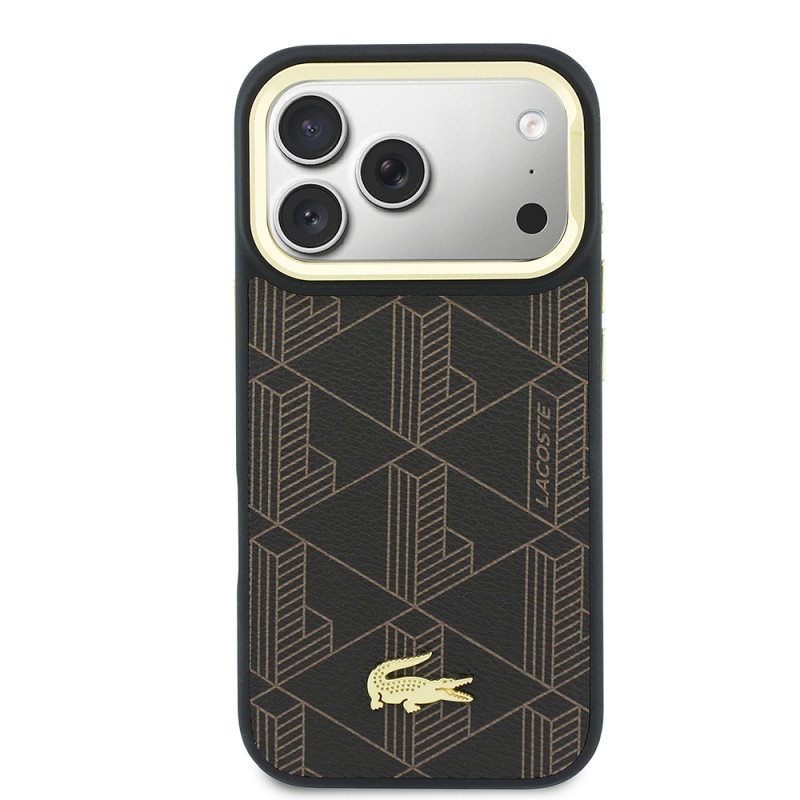 Apple iPhone 17 Pro Max Case Lacoste Original Licensed M-safe Charging Stand PU Leather Mixed Monogram Pattern Cover - 12