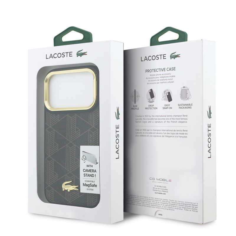 Apple iPhone 17 Pro Max Case Lacoste Original Licensed M-safe Charging Stand PU Leather Mixed Monogram Pattern Cover - 17