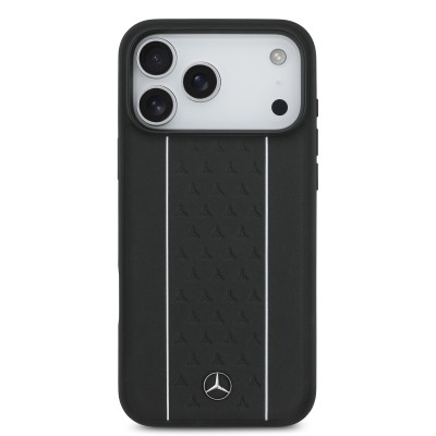 Apple iPhone 17 Pro Max Case Mercedes Benz Original Licensed M-Safe Charging Feature Striped Star Patterned Metal Logo Leather Cover - 12