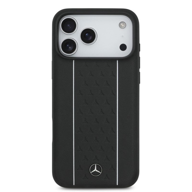 Apple iPhone 17 Pro Max Case Mercedes Benz Original Licensed M-Safe Charging Feature Striped Star Patterned Metal Logo Leather Cover - 12
