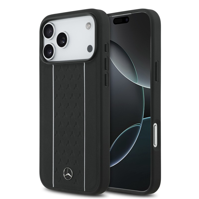 Apple iPhone 17 Pro Max Case Mercedes Benz Original Licensed M-Safe Charging Feature Striped Star Patterned Metal Logo Leather Cover - 3