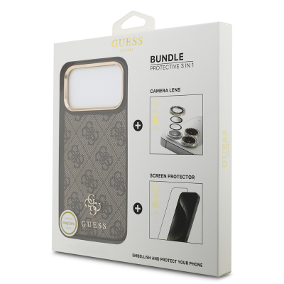 Apple iPhone 17 Pro Max Guess Orjinal Lisanslı 4G ve Yazı Logolu Kılıf + Ekran Koruyucu + Lens Koruyucu 3in1 Aksesuar Seti - Guess