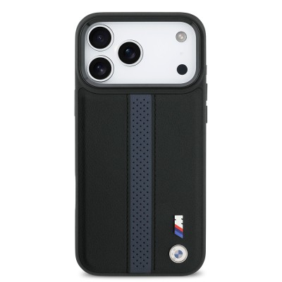 Apple iPhone 17 Pro Max Kılıf BMW Orjinal Lisanslı M-safe Şarj Özellikli Deri Arka Yüzey Metal Logolu Delikli Şerit Tasarımlı Kapak - 13