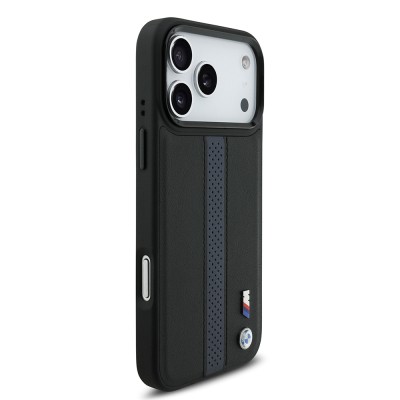 Apple iPhone 17 Pro Max Kılıf BMW Orjinal Lisanslı M-safe Şarj Özellikli Deri Arka Yüzey Metal Logolu Delikli Şerit Tasarımlı Kapak - 14