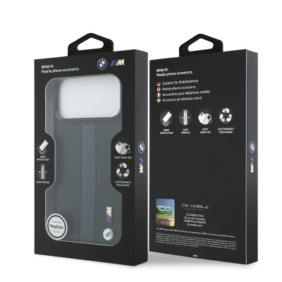 Apple iPhone 17 Pro Max Kılıf BMW Orjinal Lisanslı M-safe Şarj Özellikli Deri Arka Yüzey Metal Logolu Delikli Şerit Tasarımlı Kapak - 18