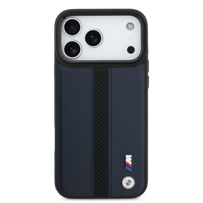 Apple iPhone 17 Pro Max Kılıf BMW Orjinal Lisanslı M-safe Şarj Özellikli Deri Arka Yüzey Metal Logolu Delikli Şerit Tasarımlı Kapak - 20