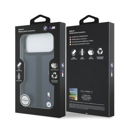 Apple iPhone 17 Pro Max Kılıf BMW Orjinal Lisanslı M-safe Şarj Özellikli Deri Arka Yüzey Metal Logolu Delikli Şerit Tasarımlı Kapak - 25