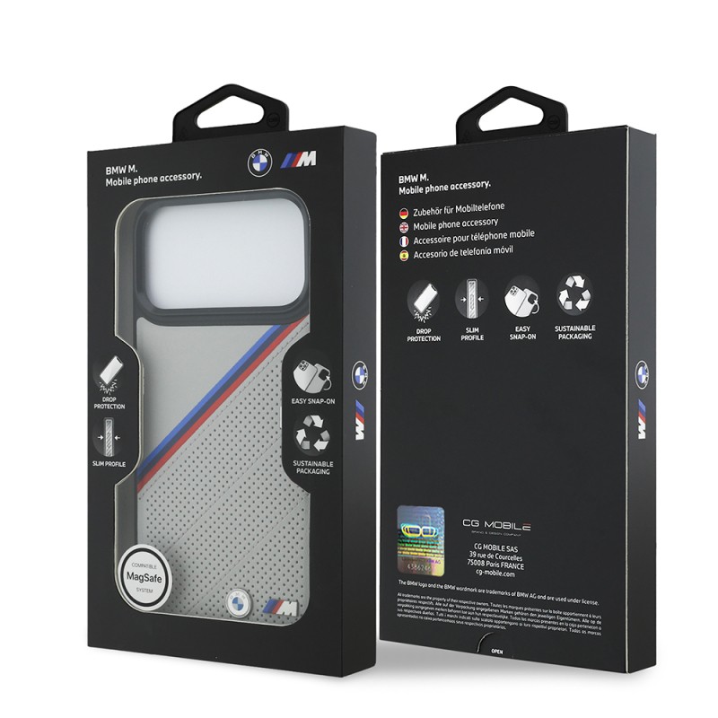 Apple iPhone 17 Pro Max Kılıf BMW Orjinal Lisanslı M-safe Şarj Özellikli M Logolu Üç Şeritli Delikli Deri Kapak - 17