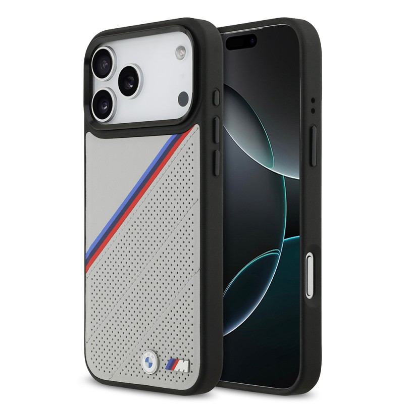 Apple iPhone 17 Pro Max Kılıf BMW Orjinal Lisanslı M-safe Şarj Özellikli M Logolu Üç Şeritli Delikli Deri Kapak - 3