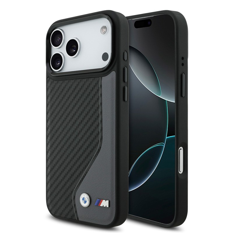 Apple iPhone 17 Pro Max Kılıf BMW Orjinal Lisanslı M-safe Şarj Özellikli Metal BMW ve M Logolu PU Karbon Tasarımlı Kapak - 1