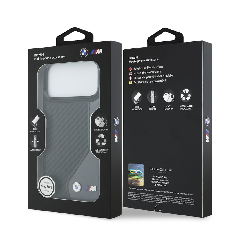 Apple iPhone 17 Pro Max Kılıf BMW Orjinal Lisanslı M-safe Şarj Özellikli Metal BMW ve M Logolu PU Karbon Tasarımlı Kapak - 16