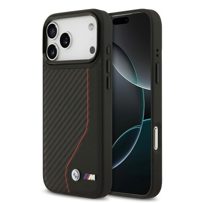 Apple iPhone 17 Pro Max Kılıf BMW Orjinal Lisanslı M-safe Şarj Özellikli Metal BMW ve M Logolu PU Karbon Tasarımlı Kapak Kırmızı