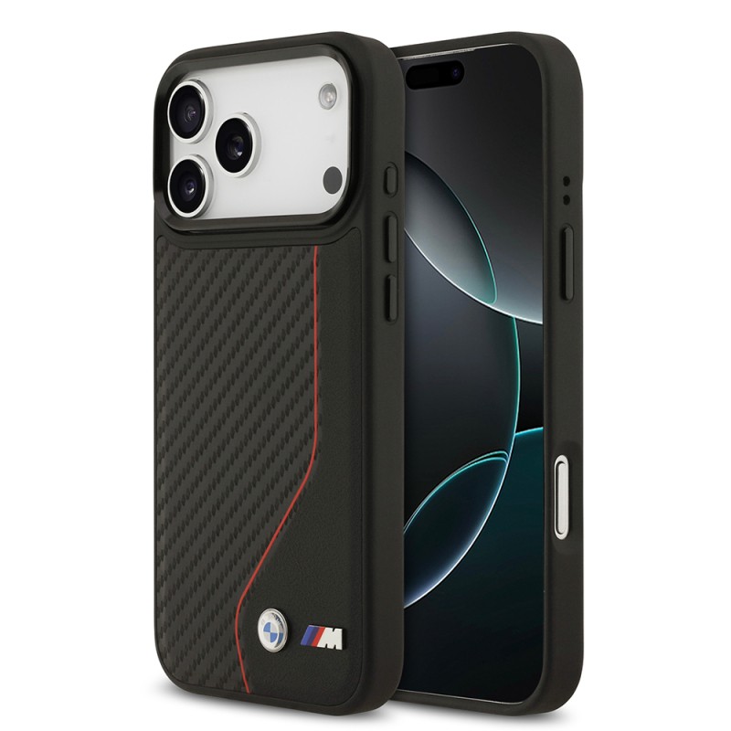 Apple iPhone 17 Pro Max Kılıf BMW Orjinal Lisanslı M-safe Şarj Özellikli Metal BMW ve M Logolu PU Karbon Tasarımlı Kapak - 3