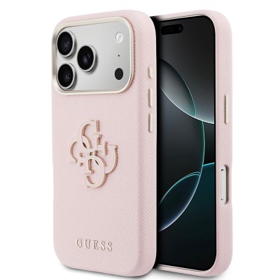 Apple iPhone 17 Pro Max Kılıf Guess Orjinal Lisanslı 4G Büyük Metal Kamera Çerçeveli PU Deri Resin Kapak Pembe