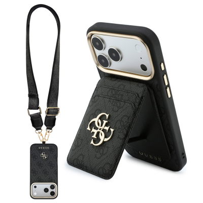 Apple iPhone 17 Pro Max Kılıf Guess Orjinal Lisanslı M-safe Şarj Özellikli Askılı ve 4G Metal Logolu Kartlıklı Kapak - Guess