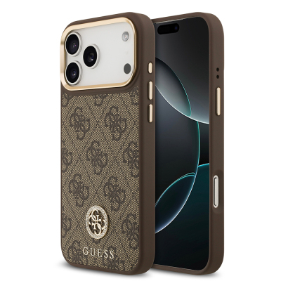 Apple iPhone 17 Pro Max Kılıf Guess Orjinal Lisanslı M-safe Şarj Özellikli Gold Metal Kamera Çerçeveli Taşlı 4G Logolu Kapak - Guess