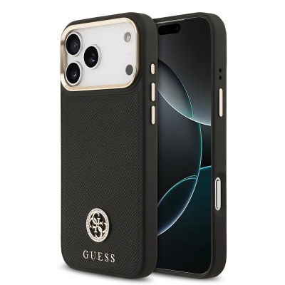 Apple iPhone 17 Pro Max Kılıf Guess Orjinal Lisanslı M-safe Şarj Özellikli Grained Yazı ve Taşlı 4G Logolu Kapak - Guess
