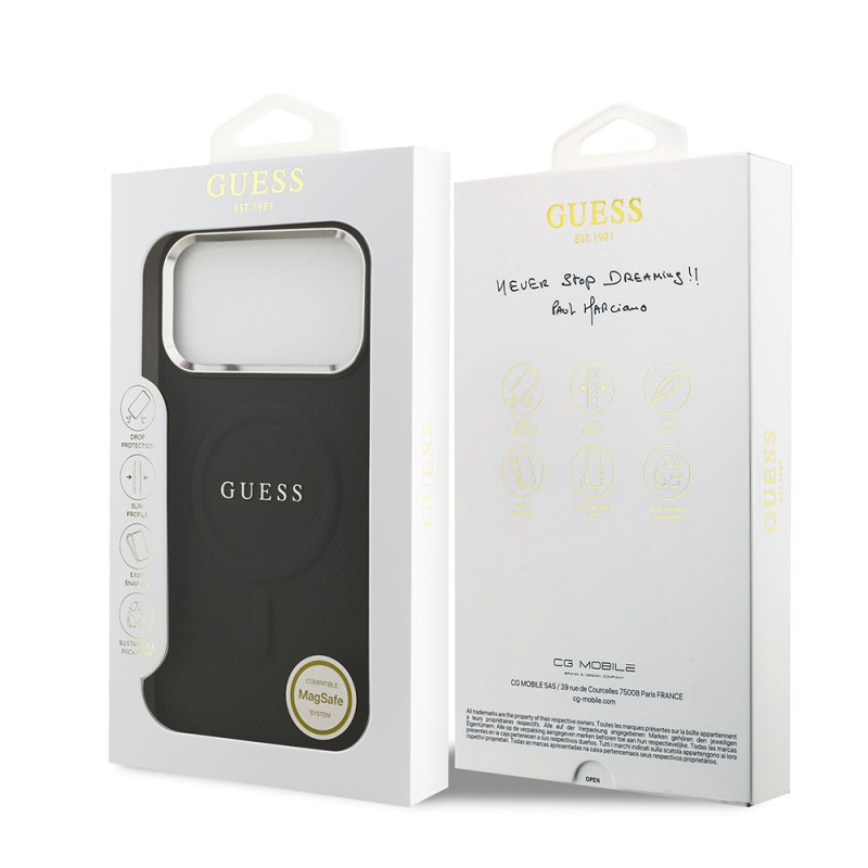 Apple iPhone 17 Pro Max Kılıf Guess Orjinal Lisanslı M-safe Şarj Özellikli Klasik Yazı Logolu PU Deri Kapak - 17
