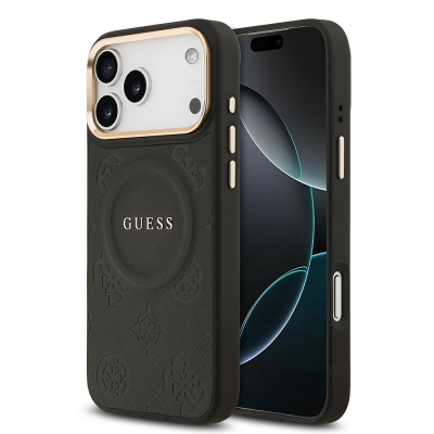 Apple iPhone 17 Pro Max Kılıf Guess Orjinal Lisanslı M-safe Şarj Özellikli Sıcak Baskılı Yazı Logolu PU Deri Peony Kapak - Guess