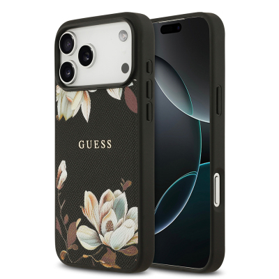 Apple iPhone 17 Pro Max Kılıf Guess Orjinal Lisanslı M-safe Şarj Özellikli Taneli Çiçek Tasarımlı Metal Yazı Logolu Kapak - Guess