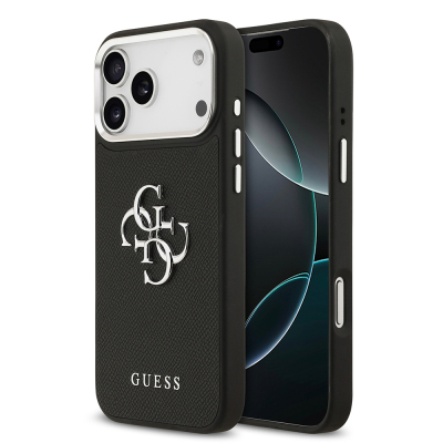 Apple iPhone 17 Pro Max Kılıf Guess Orjinal Lisanslı Metal Kamera Çerçeveli Metal Büyük 4G ve Yazı Logolu PU Deri Kapak - Guess