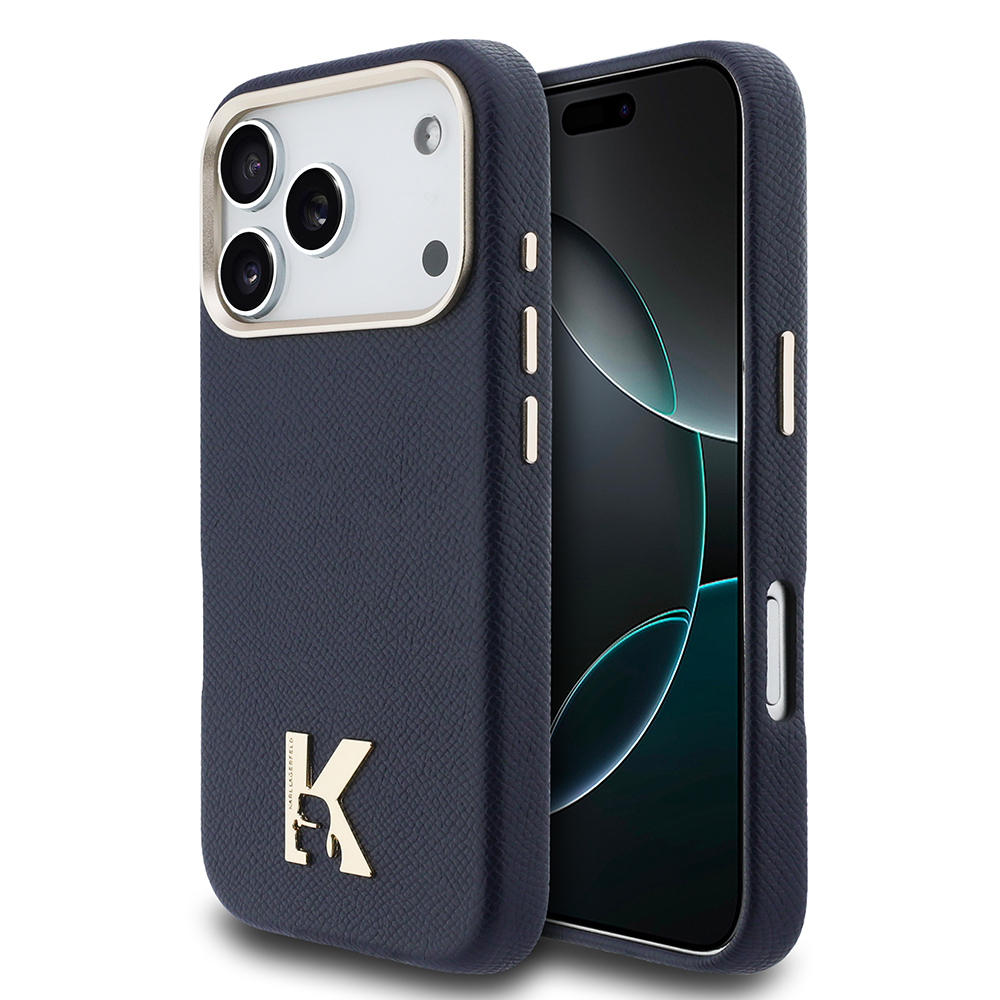 Apple iPhone 17 Pro Max Kılıf Karl Lagerfeld Orjinal Lisanslı M-safe Şarj Özellikli Gold Kamera Çerçeveli KHEAD Metal Logolu PU Deri Kapak - Lacivert