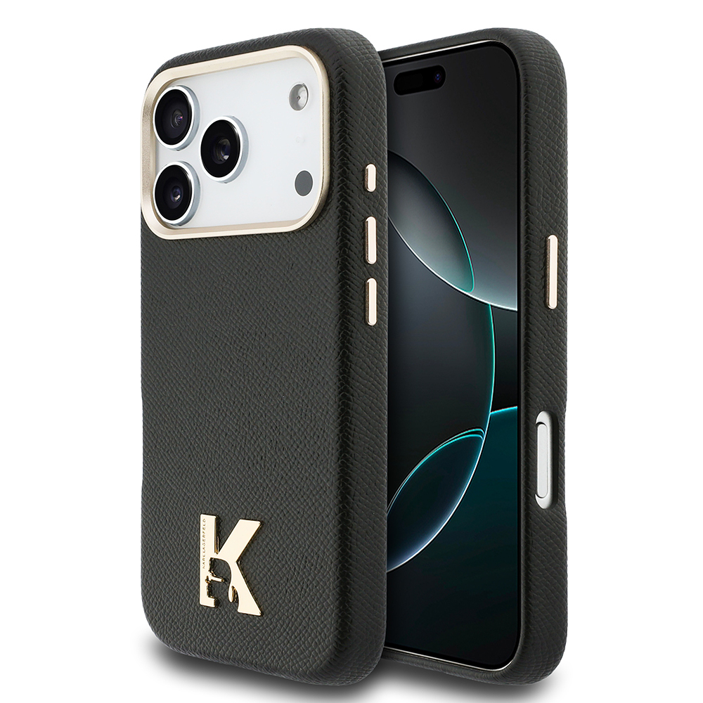 Apple iPhone 17 Pro Max Kılıf Karl Lagerfeld Orjinal Lisanslı M-safe Şarj Özellikli Gold Kamera Çerçeveli KHEAD Metal Logolu PU Deri Kapak - Siyah