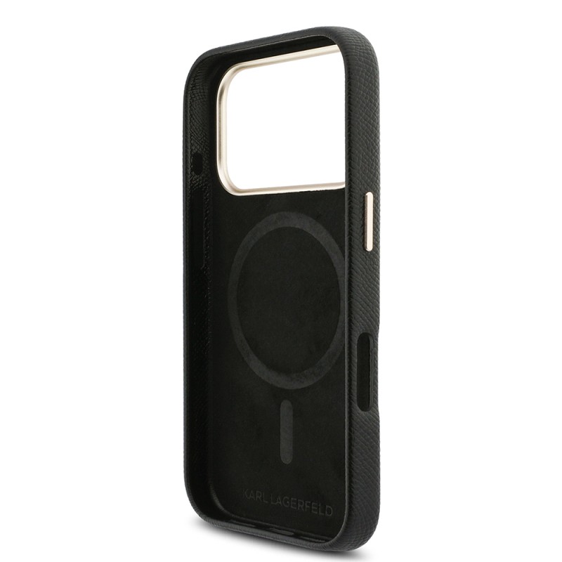 Apple iPhone 17 Pro Max Kılıf Karl Lagerfeld Orjinal Lisanslı M-safe Şarj Özellikli Gold Kamera Çerçeveli KHEAD Metal Logolu PU Deri Kapak - 15