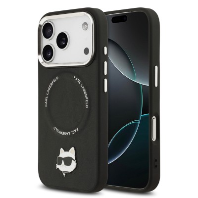 Apple iPhone 17 Pro Max Kılıf Karl Lagerfeld Orjinal Lisanslı M-safe Şarj Özellikli Metal Kamera ve Buton Tasarımlı Choupette PU Deri Kapak Siyah