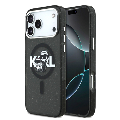 Apple iPhone 17 Pro Max Kılıf Karl Lagerfeld Orjinal Lisanslı Parlayan Simli Karl & Choupette Sketch Logo Kapak - Karl Lagerfeld