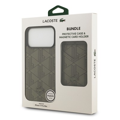 Apple iPhone 17 Pro Max Kılıf Lacoste Orjinal Lisanslı M-safe Şarj Özellikli PU Deri Tasarımlı Kartlıklı Karışık Monogram Desenli Kapak - 23