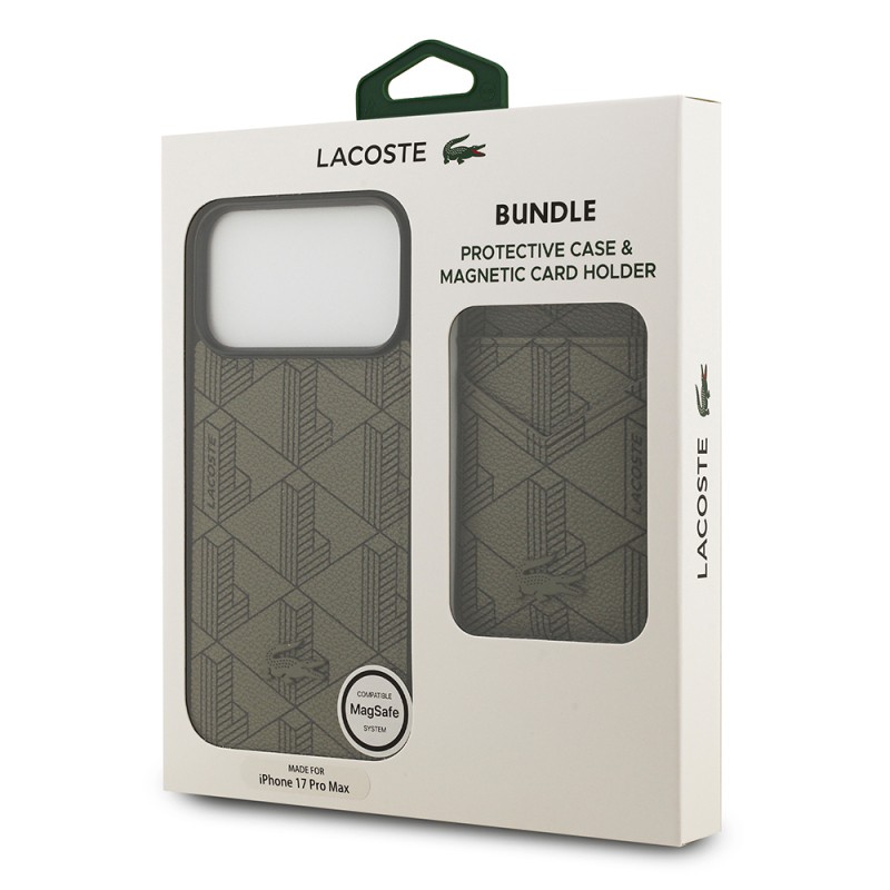 Apple iPhone 17 Pro Max Kılıf Lacoste Orjinal Lisanslı M-safe Şarj Özellikli PU Deri Tasarımlı Kartlıklı Karışık Monogram Desenli Kapak - 23